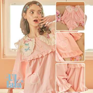 ULLALA Pajamas for Women Vintage Three-quarter sleeve 40'S Cotton Candy Two-Piece Pink Soft Sleepwear 2Piece one Size