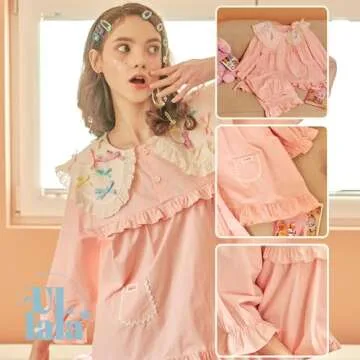 ULLALA Pajamas for Women Vintage Three-quarter sleeve 40'S Cotton Candy Two-Piece Pink Soft Sleepwear 2Piece one Size