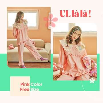 ULLALA Pajamas for Women Vintage Three-quarter sleeve 40'S Cotton Candy Two-Piece Pink Soft Sleepwear 2Piece one Size