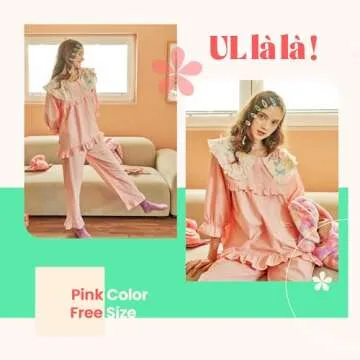 ULLALA Pajamas for Women Vintage Three-quarter sleeve 40'S Cotton Candy Two-Piece Pink Soft Sleepwear 2Piece one Size