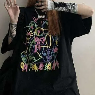 Women Summer Gothic T-shirt Anime Aesthetic Print Harajuku Fashion Casual Tops (Black, XL)