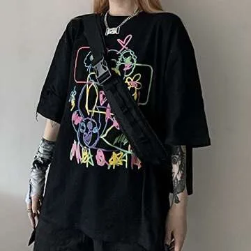 Women Summer Gothic T-shirt Anime Aesthetic Print Harajuku Fashion Casual Tops (Black, XL)