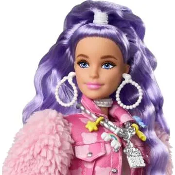 Barbie Extra Doll & Accessories with Long Periwinkle Hair, Teddy Bear-Print Denim Jacket, Matching Shorts & Pet Puppy