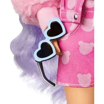 Barbie Extra Doll & Accessories with Long Periwinkle Hair, Teddy Bear-Print Denim Jacket, Matching Shorts & Pet Puppy