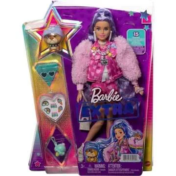 Barbie Extra Doll & Accessories with Long Periwinkle Hair, Teddy Bear-Print Denim Jacket, Matching Shorts & Pet Puppy