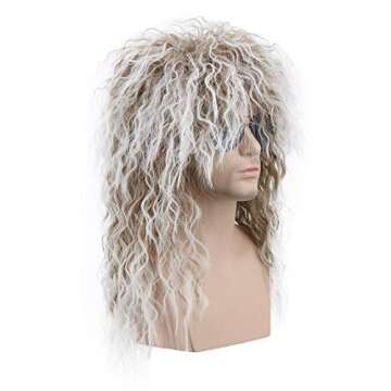 Karlery Long Curly Brown Gradient White Wig for 70s 80s Rocker Look
