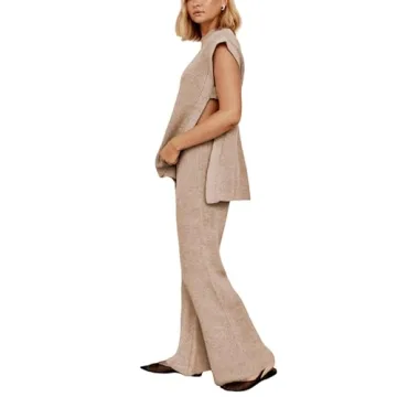Lviefent Womens 2 Piece Outfits Sweater Set Sleeveless Side Slit Pullover Top Knit Wide Leg Pants Lo...