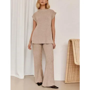Lviefent Womens 2 Piece Outfits Sweater Set Sleeveless Side Slit Pullover Top Knit Wide Leg Pants Lounge Matching Sets (Khaki-L)