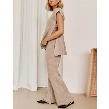 Lviefent Womens 2 Piece Outfits Sweater Set Sleeveless Side Slit Pullover Top Knit Wide Leg Pants Lounge Matching Sets (Khaki-L)