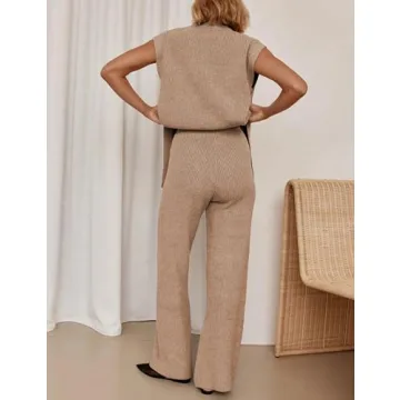 Lviefent Womens 2 Piece Outfits Sweater Set Sleeveless Side Slit Pullover Top Knit Wide Leg Pants Lounge Matching Sets (Khaki-L)