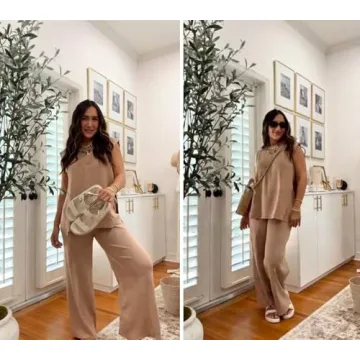 Lviefent Womens 2 Piece Outfits Sweater Set Sleeveless Side Slit Pullover Top Knit Wide Leg Pants Lounge Matching Sets (Khaki-L)