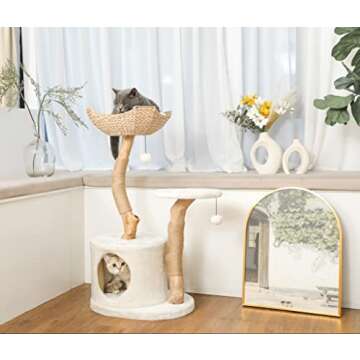 KONELCARE Modern Cat Tree for Indoor Small Cats - Real Wood Cat Tower with Scratch Post, Hiding Enclosure - Unique, Boho,White