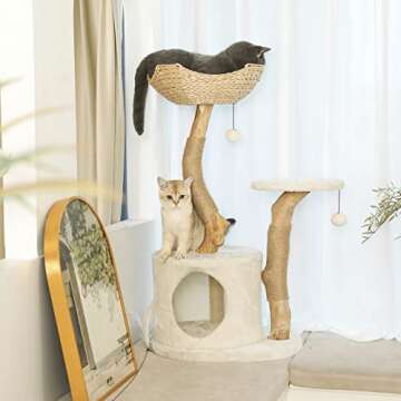 KONELCARE Modern Cat Tree for Indoor Small Cats - Real Wood Cat Tower with Scratch Post, Hiding Enclosure - Unique, Boho,White