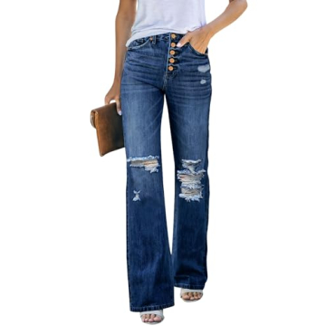 LookbookStore Bellbottoms Jeans Outfit for Women High Waisted Stretch Flare Pants Dark Blue Size X-S...