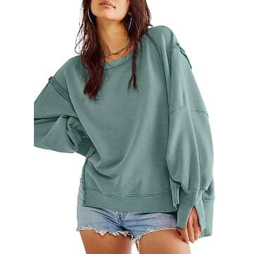 Women’s Oversized Contrast Patchwork Sweatshirt Casual Side Split High Low Hem Boyfriend Pullover Tops Streetwear 6088 Grey Blue Small