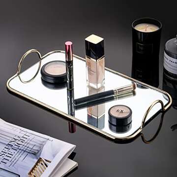 GREEHOMEDE Decorative Tray with Handle, Gold Mirror Tray, Vanity Tray Jewelry Perfume Organizer Makeup Tray, Mirror Tray for Vanity, Dresser, Bathroom, Bedroom(13.8'' x 7.9'')