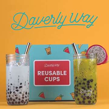 Daverly Way Reusable Boba Bubble Smoothie Cups With 4 Lids And 2 Metal Reusable Straws And Straw Cle...