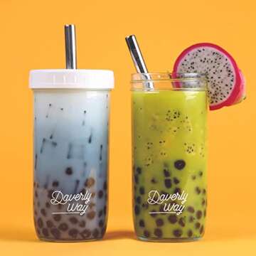 Daverly Way Reusable Boba Bubble Smoothie Cups With 4 Lids And 2 Metal Reusable Straws And Straw Cleaner In Fun Gift Box (2-pack, 24oz Boba Tea Drinking Jars)
