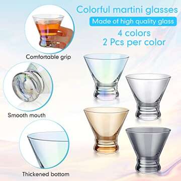 8 Pieces Martini Glasses Set Stemless Wine Glass Cocktail Glasses 8 oz with Heavy Base Multicolor Cocktail Ice Cream Glasses for Elegant House Bar Glassware Freezer and Dishwasher Safe