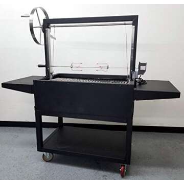Black Outdoor Charcoal BBQ Parrilla Santa Maria/Argentine Rotisserie Grill Spit, with Stainless Steel #304 Grates, Wheels, Handle