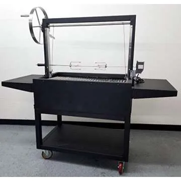 Black Outdoor Charcoal BBQ Parrilla Santa Maria/Argentine Rotisserie Grill Spit, with Stainless Steel #304 Grates, Wheels, Handle
