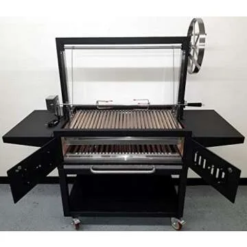 Black Outdoor Charcoal BBQ Parrilla Santa Maria/Argentine Rotisserie Grill Spit, with Stainless Steel #304 Grates, Wheels, Handle
