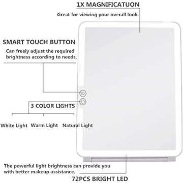 Rechargeable Travel Makeup Mirror with 72 Led Lights, Portable Lighted Mirror, 3 Color Lighting, Dimmable Touch Screen, Tabletop LED Folding Vanity Mirror, Women Gift, Travel Essentials Mirror