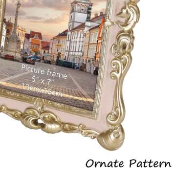 RLAVBL 5x7 Vintage Picture Frame, Ornate Antique Photo Frames 5 by 7 for Tabletop or Wall Hanging Horizontally and Vertically, Pink and Gold