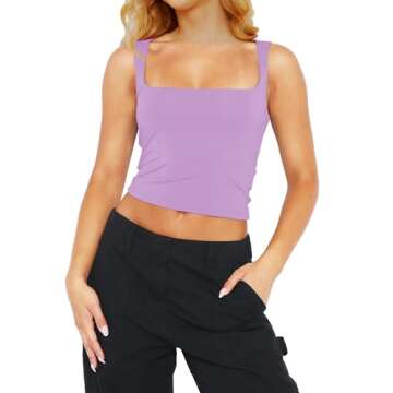 PICPUNMAK Women Basic Square Neck Sleeveless Crop Tank Top Casual Solid Slim Fit Cropped Cami Vest Going Out Tops Camisole Purple