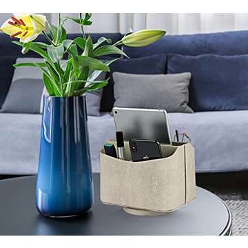 HofferRuffer Spinning Remote Control Holder, Remote Caddy, Spinning Remote Control Organizer, PU Leather (Light Grey Shagreen)