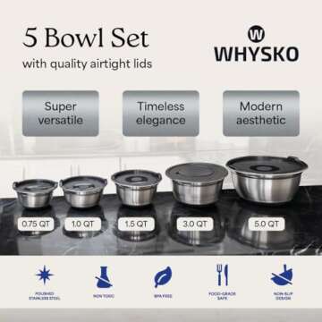 WHYSKO® Stainless Steel Mixing Bowls With Lids Plus Stainless Steel Whisk, Potato Masher and Grater...