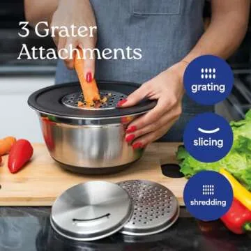 WHYSKO® Stainless Steel Mixing Bowls With Lids Plus Stainless Steel Whisk, Potato Masher and Grater Lids, 5 Nesting Mixing Bowls And Kitchen Tools for Meal Prep, Cooking, Baking, Serving, Food Storage