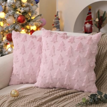 DFXSZ Christmas Tree Pillow Covers 18x18 inch Set of 2 Christmas Decoration Pink Soft Plush Faux Fur...