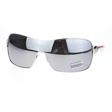 Mens Italian Designer Fashion Wrap Shield Sport Pilot Sunglasses Silver White - Silver Mirror
