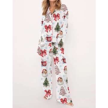 Meiweileya Women Cute Christmas Pajamas Sets Bow Santa Print Long Sleeve Shirt Pants 2 Piece Pj Set Pajama Party Loungewear Red