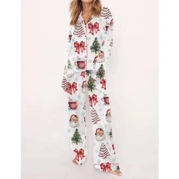 Meiweileya Women Cute Christmas Pajamas Sets Bow Santa Print Long Sleeve Shirt Pants 2 Piece Pj Set Pajama Party Loungewear Red