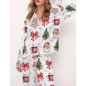 Meiweileya Women Cute Christmas Pajamas Sets Bow Santa Print Long Sleeve Shirt Pants 2 Piece Pj Set Pajama Party Loungewear Red