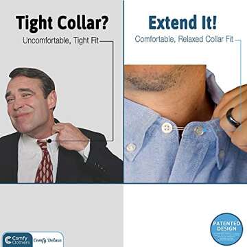 6-Pack Comfy Deluxe Collar Extenders for Men and Women - Magic Extension for Shirts of All Kinds, Soft & Elastic Design - Premium Elastic Dress Shirt Neck Extenders (White & Black Buttons)