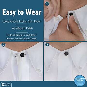 6-Pack Comfy Deluxe Collar Extenders for Men and Women - Magic Extension for Shirts of All Kinds, Soft & Elastic Design - Premium Elastic Dress Shirt Neck Extenders (White & Black Buttons)