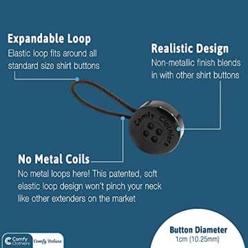 6-Pack Comfy Deluxe Collar Extenders for Men and Women - Magic Extension for Shirts of All Kinds, Soft & Elastic Design - Premium Elastic Dress Shirt Neck Extenders (White & Black Buttons)