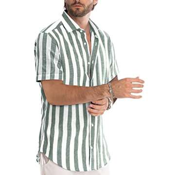 JMIERR Men's Summer Casual Stylish Short Sleeve Button-Down Shirts Cotton Linen Striped Business Dress Shirts Beach Shirt, S, Gray and White Stripe