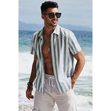JMIERR Men's Summer Casual Stylish Short Sleeve Button-Down Shirts Cotton Linen Striped Business Dress Shirts Beach Shirt, S, Gray and White Stripe