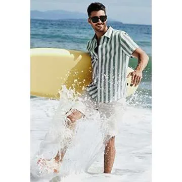 JMIERR Men's Summer Casual Stylish Short Sleeve Button-Down Shirts Cotton Linen Striped Business Dress Shirts Beach Shirt, S, Gray and White Stripe