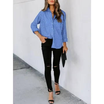 Stylish Siliteelon Button Down Shirt for Women - Blue Stripes