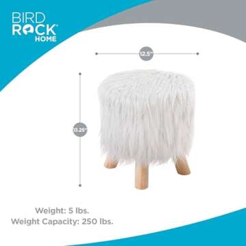 BIRDROCK HOME Faux Fur Foot Stool Ottoman – Upholstered Vanity Chair w/Natural Wood Legs - Soft Co...