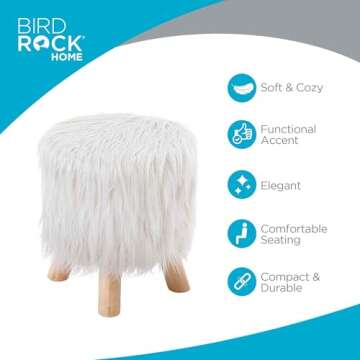 BIRDROCK HOME Faux Fur Foot Stool Ottoman – Upholstered Vanity Chair w/Natural Wood Legs - Soft Compact Padded Seat for Makeup Room, Living Room, Bedroom – Decorative Accent Furniture – White