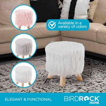 BIRDROCK HOME Faux Fur Foot Stool Ottoman – Upholstered Vanity Chair w/Natural Wood Legs - Soft Compact Padded Seat for Makeup Room, Living Room, Bedroom – Decorative Accent Furniture – White