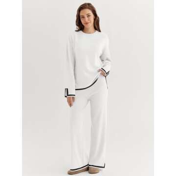 LILLUSORY Women Fall 2 Piece Lounge Set Outfits Sweatsuits Long Sleeve Sweater Tops Wide Leg Pants 2025 White S