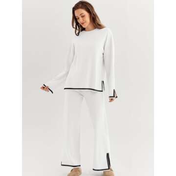 LILLUSORY Women Fall 2 Piece Lounge Set Outfits Sweatsuits Long Sleeve Sweater Tops Wide Leg Pants 2025 White S