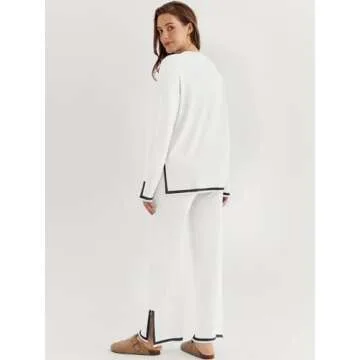 LILLUSORY Women Fall 2 Piece Lounge Set Outfits Sweatsuits Long Sleeve Sweater Tops Wide Leg Pants 2025 White S